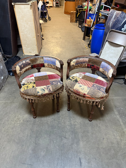 Vintage Pair of Patchwork Barrel Back Parlor Chairs- 23 x 30"