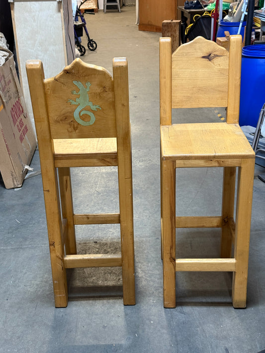Rustic Green Gecko Lizard Wooden Barstool Pair - 18 x 46"
