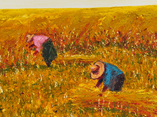 Mid Century Golden Harvest Scene Original Oil Painting - Millet - 24 x 27"