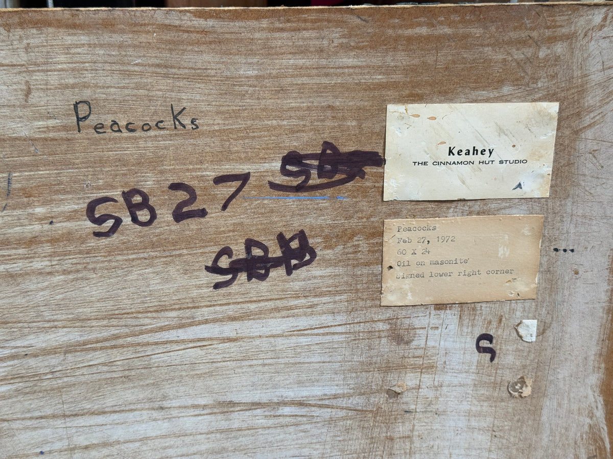 1972 California "Peacocks" Expressionist Original Oil Painting - George Keahey - 24 x 60"
