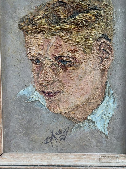 1957 California "Wondering" Expressionist Original Oil Portrait Painting - George Keahey - 12 x 14"