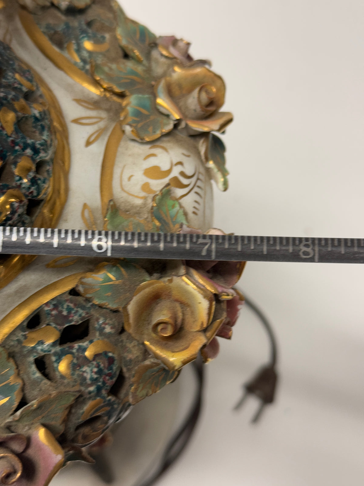 Vintage Capodimonte Italian Marble Porcelain Floral Gilt Lamp - 21 x 7"