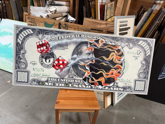 "1000 Dollar Bill - We Olive Cash" - Michael Goddard Giclée on Canvas - 57 x 24"