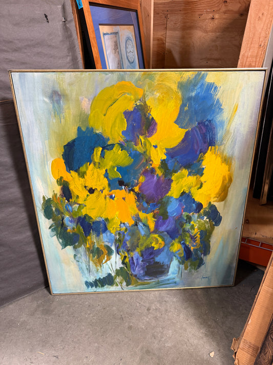 Original Blue Yellow Abstract Floral Oil Painting- Mattie Staniek - 41 x 36"