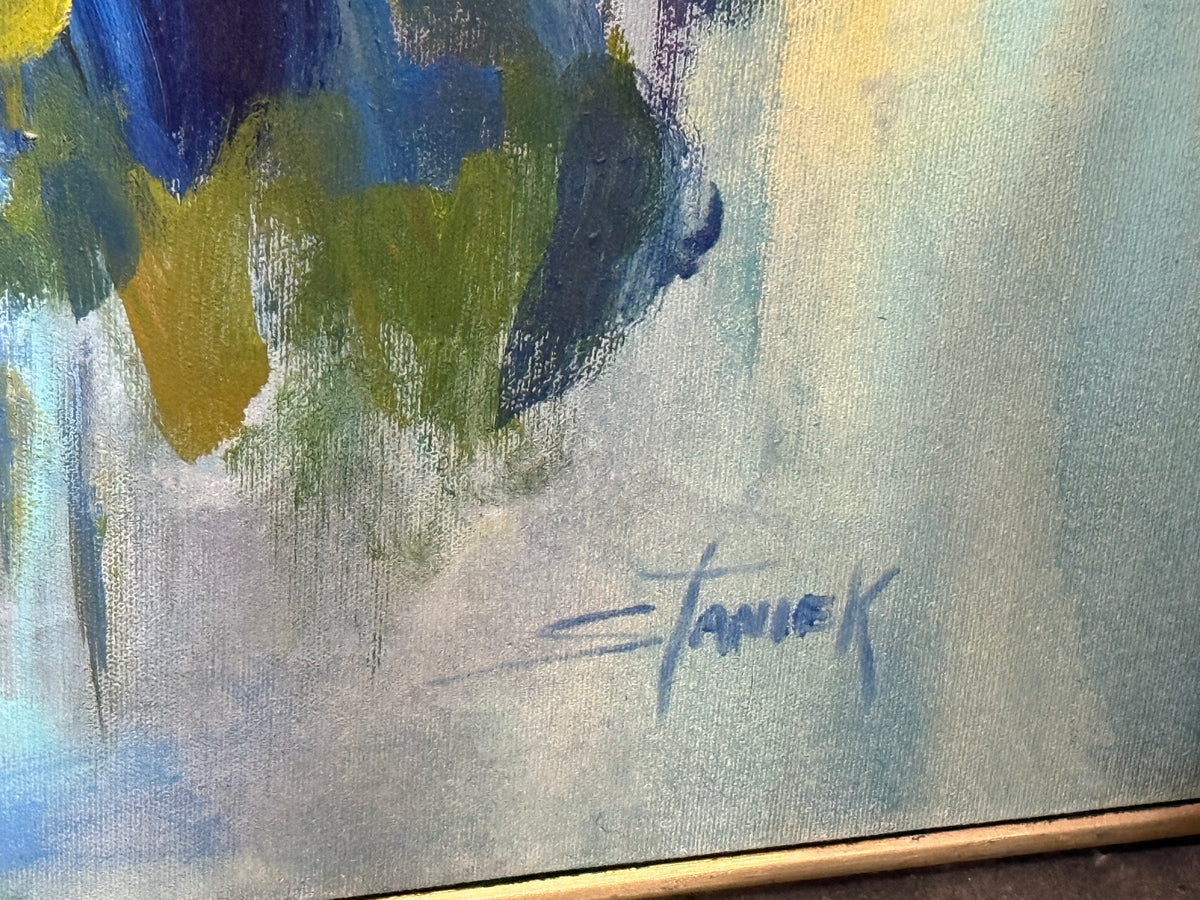 Original Blue Yellow Abstract Floral Oil Painting- Mattie Staniek - 41 x 36"