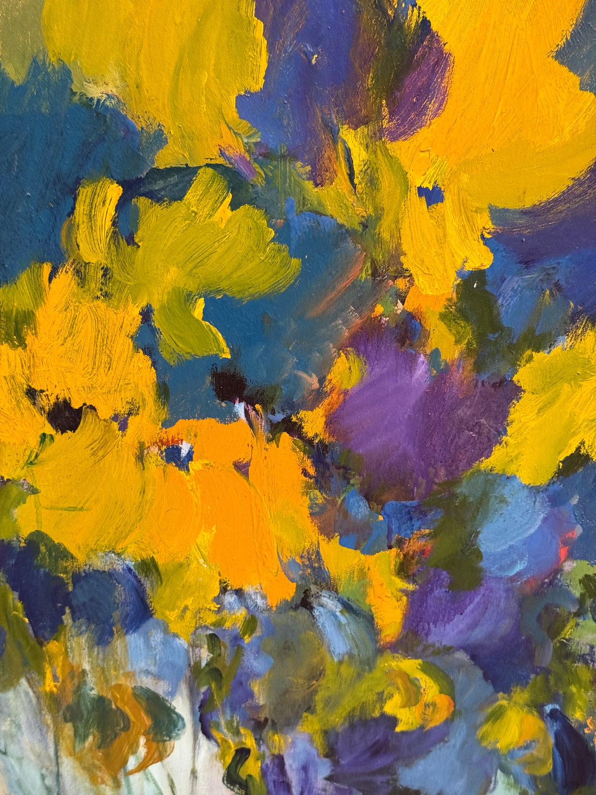 Original Blue Yellow Abstract Floral Oil Painting- Mattie Staniek - 41 x 36"