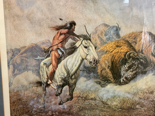 "Buffalo Hunt" Signed Lithograph Southwestern Artist Proof Print -Gregory Perillo- 28 x 31"
