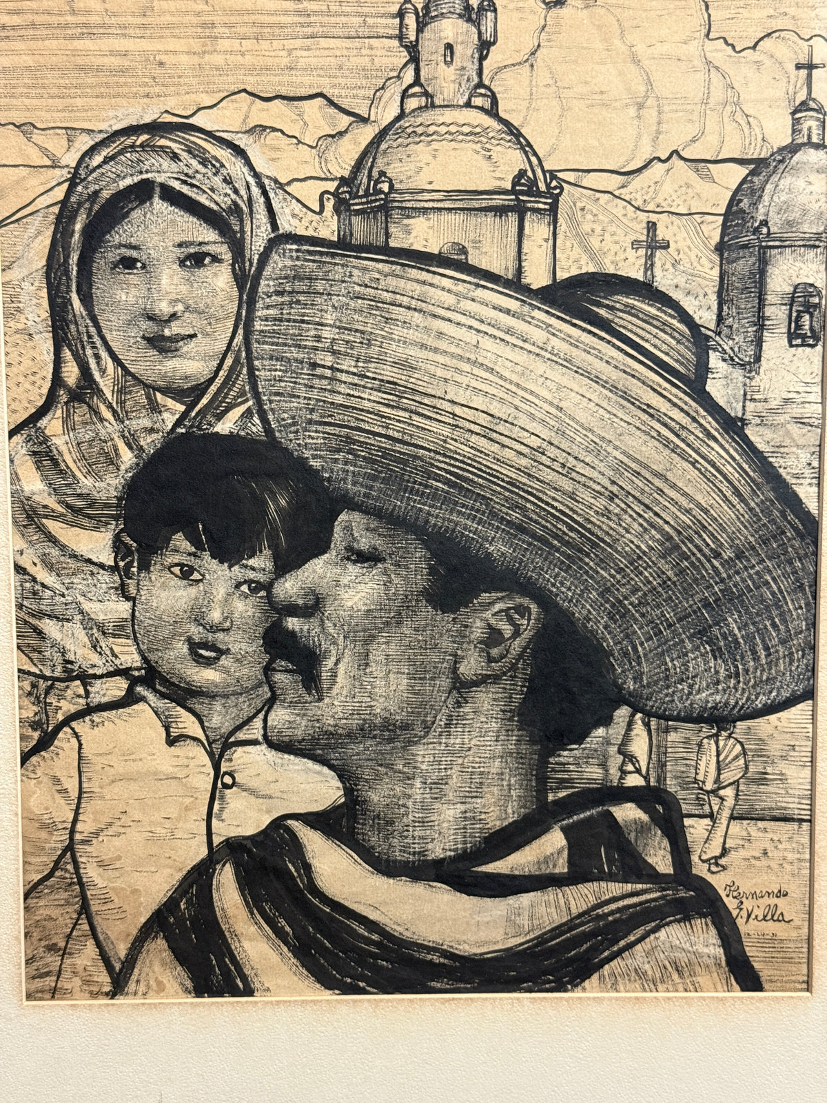 Mexican Family - Hernando G Villa Southwest Artist Ink Black & White Print - 24.5 x 28.5"