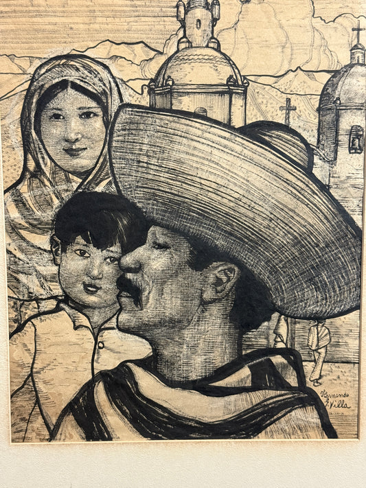 Mexican Family - Hernando G Villa Southwest Artist Ink Black & White Print - 24.5 x 28.5"