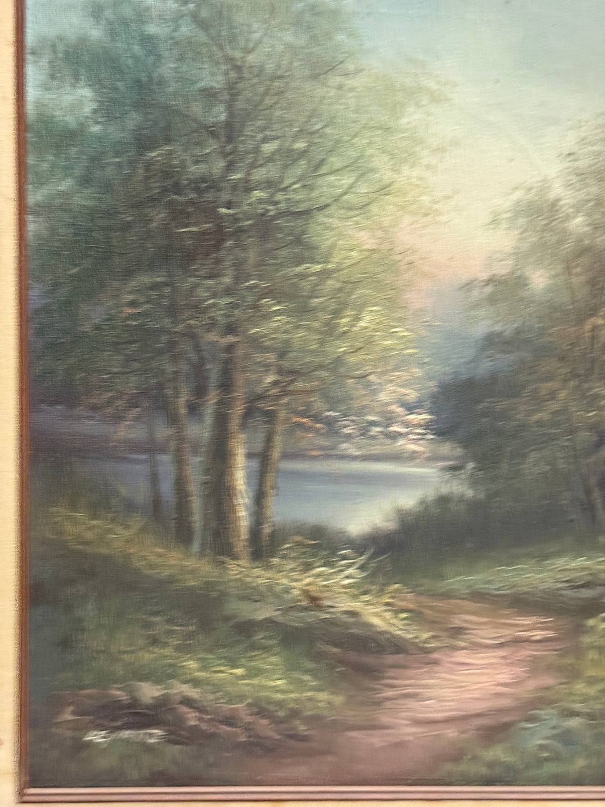 Vintage Lakeside Landscape Original Oil Painting -Unknown - 21 x 17"