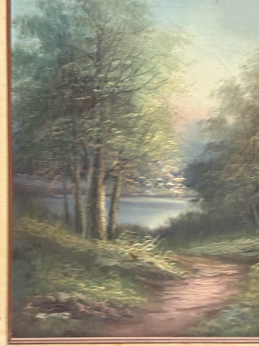 Vintage Lakeside Landscape Original Oil Painting -Unknown - 21 x 17"