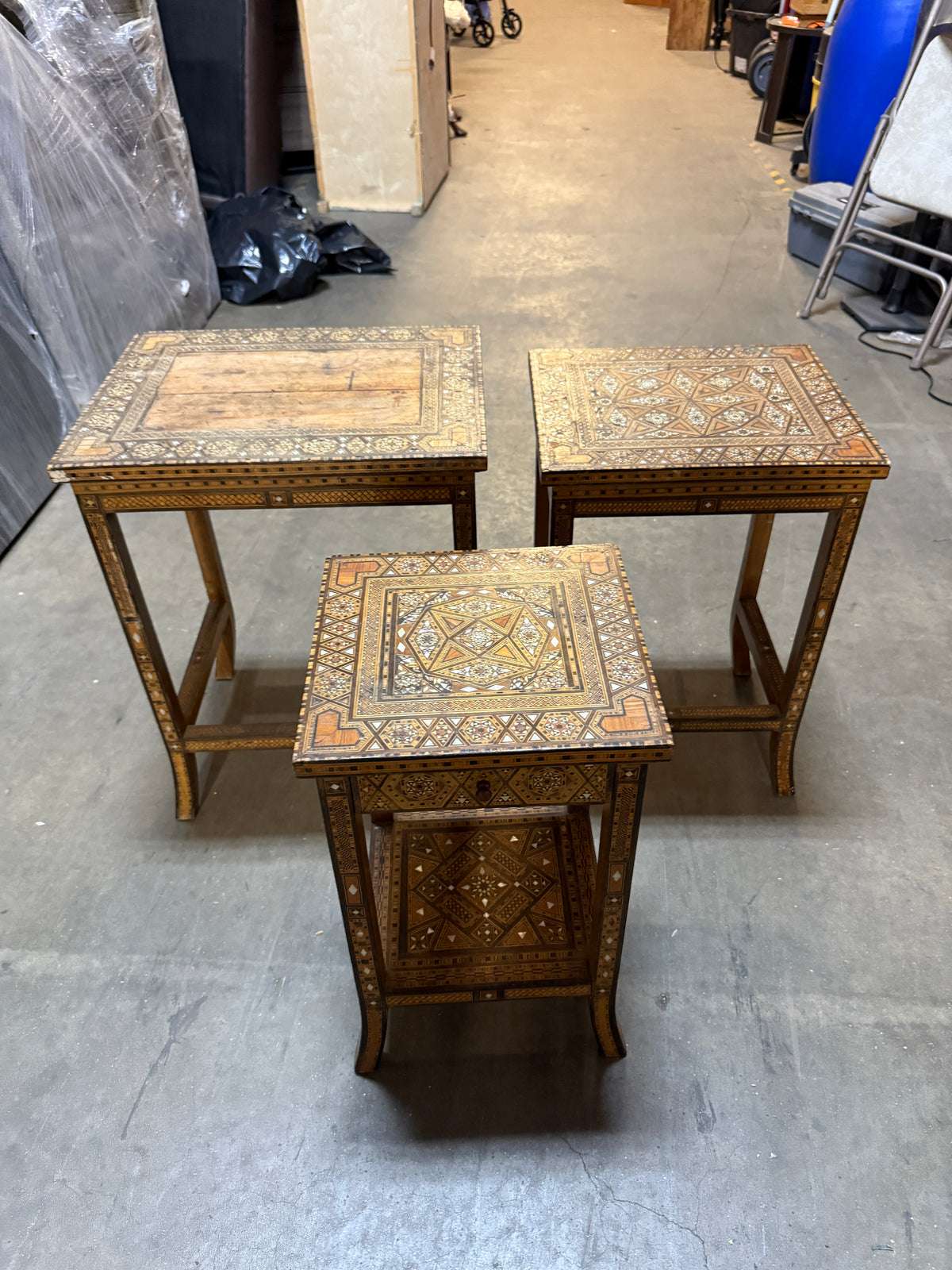 Antique Damascus Inlaid Stacking Table Set of 3 - 23 x 30"