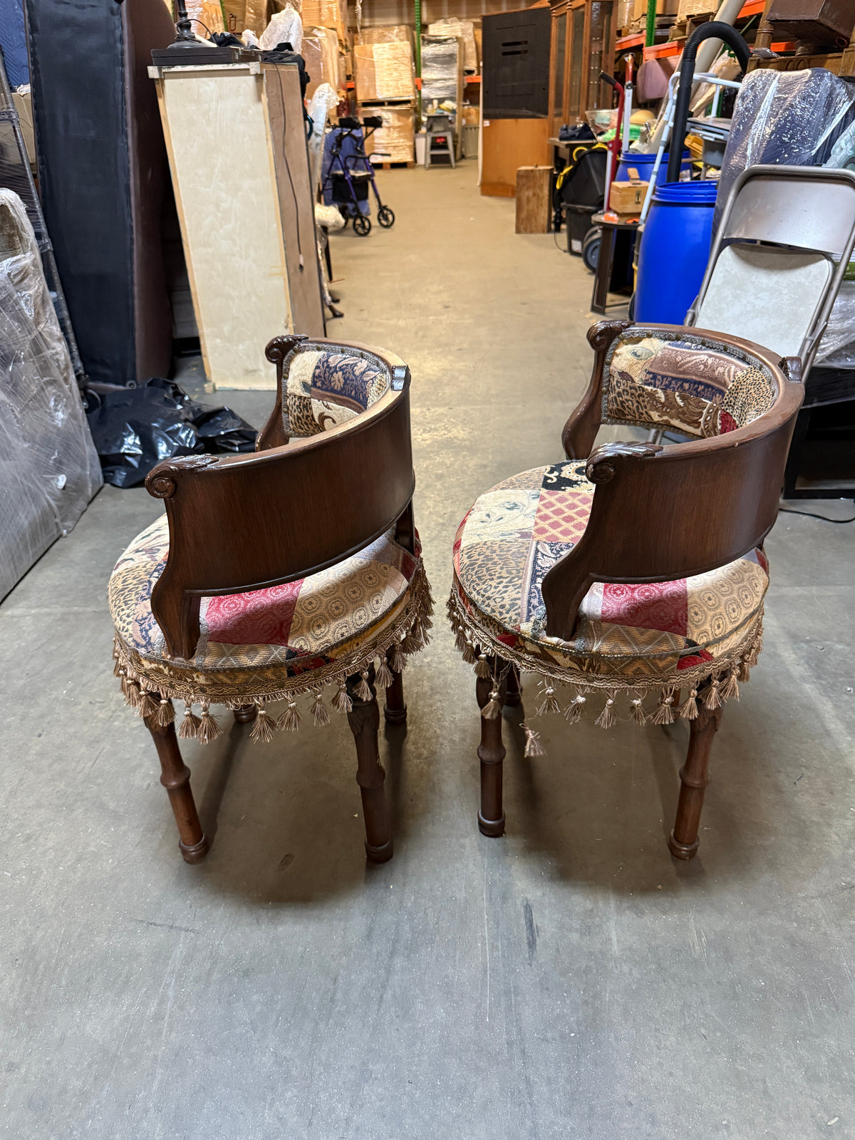 Vintage Pair of Patchwork Barrel Back Parlor Chairs- 23 x 30"