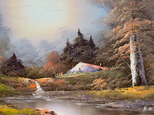 Vintage Landscape Tree Stream Original Oil Painting - H Wilson - 18 x 22"