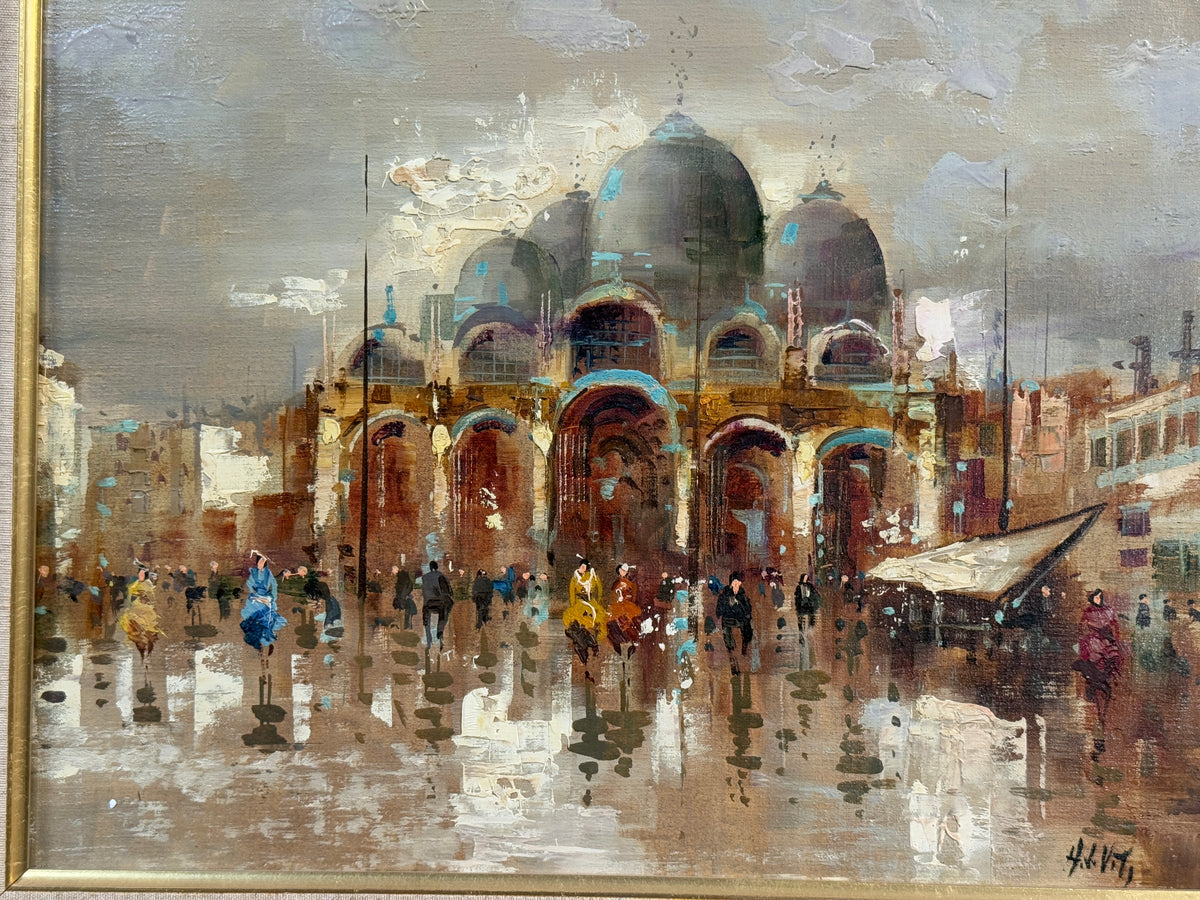 Piazza San Marco Italy Vintage Cityscape Original Oil Painting - H. V. Vito - 21 x 24"