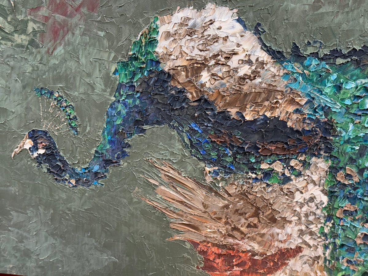 1972 California "Peacocks" Expressionist Original Oil Painting - George Keahey - 24 x 60"
