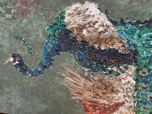 1972 California "Peacocks" Expressionist Original Oil Painting - George Keahey - 24 x 60"