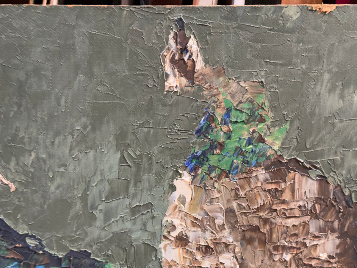 1972 California "Peacocks" Expressionist Original Oil Painting - George Keahey - 24 x 60"