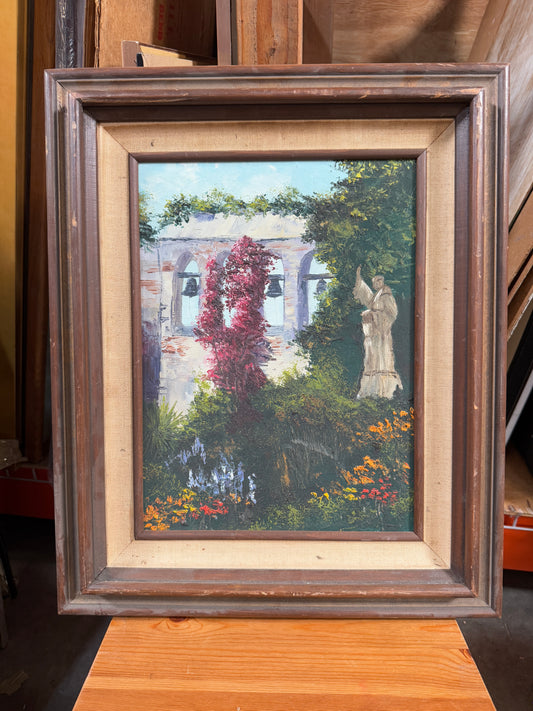 Mid Century Impressionist California Mission Garden Original Oil Painting -John Cunningham- 18 x 23"