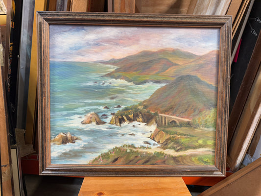Vintage Bixby Creek Bridge California Bir Sir Coastline Original Oil Painting - Akers - 23 x 27"
