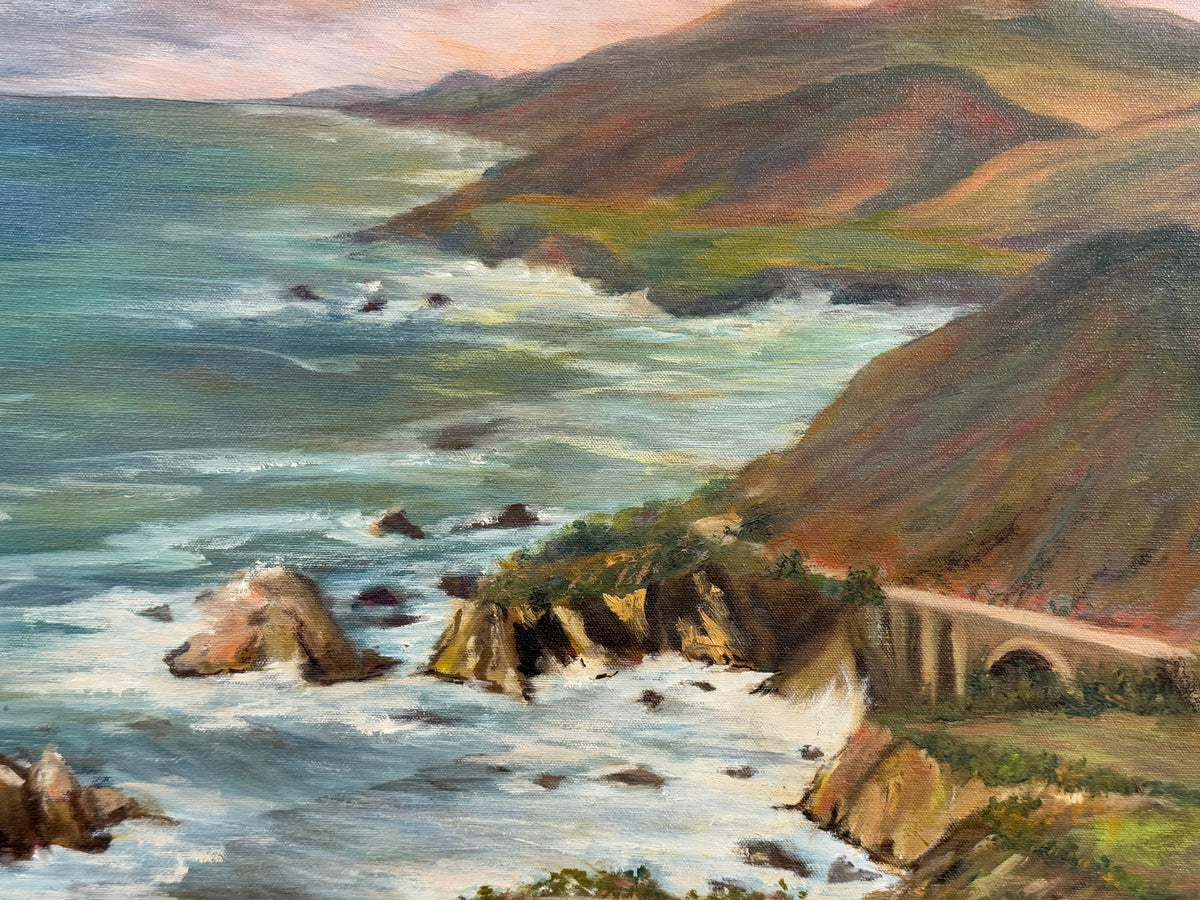 Vintage Bixby Creek Bridge California Bir Sir Coastline Original Oil Painting - Akers - 23 x 27"