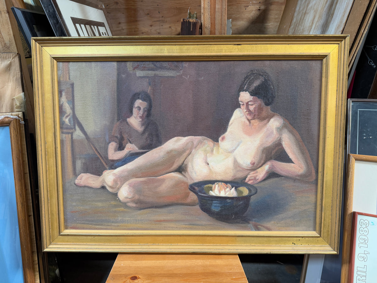 Vintage Figurative Studio Reclining Female Nude Original Oil Painting 34 x 25"
