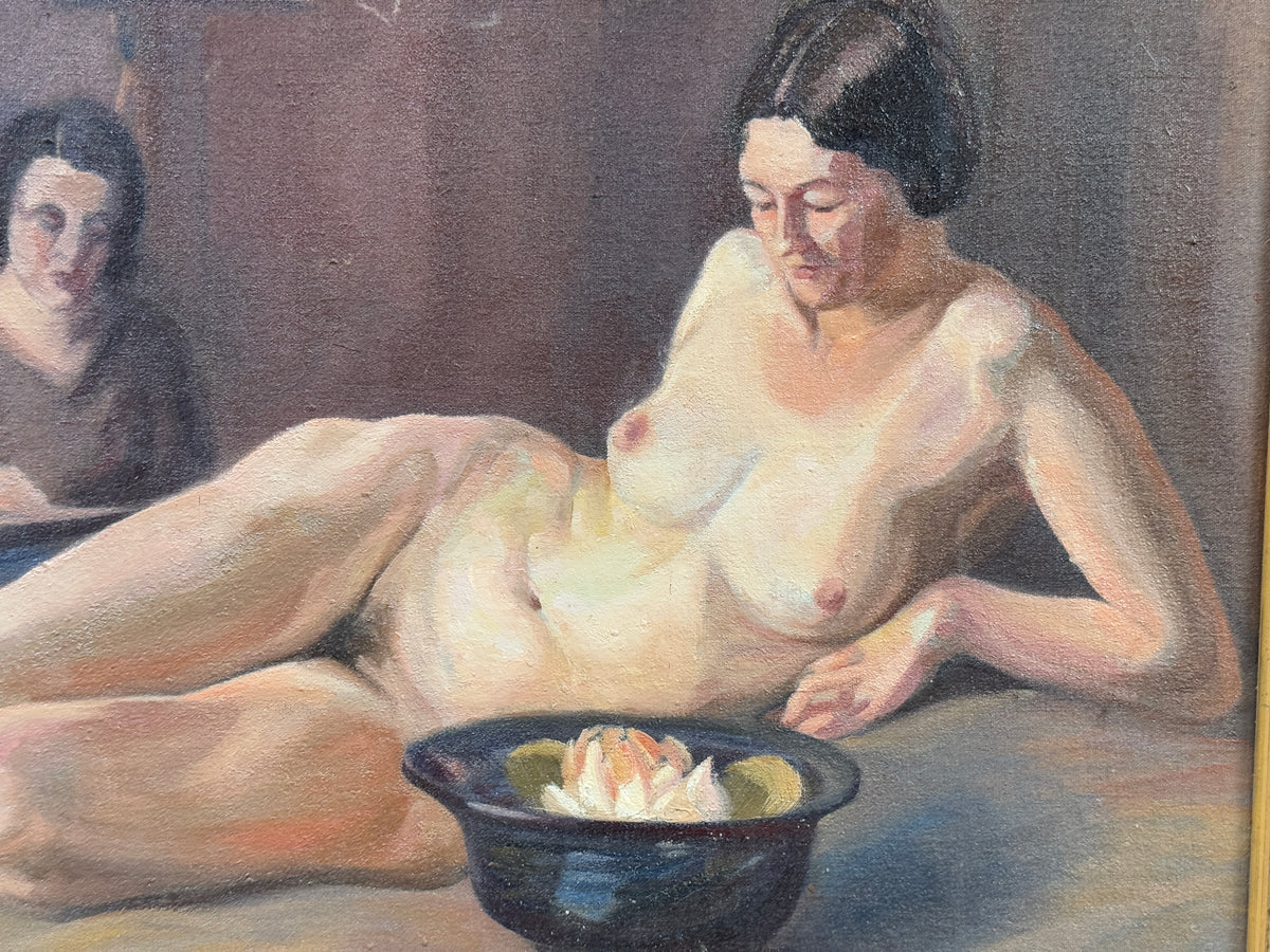 Vintage Figurative Studio Reclining Female Nude Original Oil Painting 34 x 25"