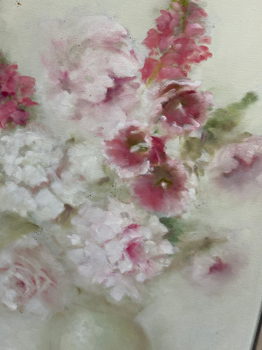 Pink Floral Still Life Original Oil Painting -Mikkelson- 28 x 40"