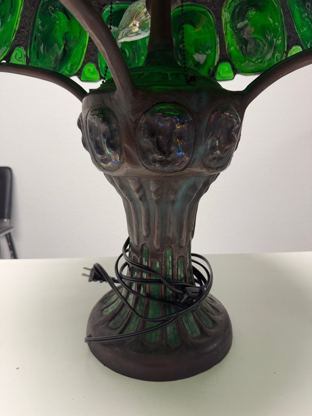 Vintage Turtle Back Tiffany Studios Style Lead Green Glass Lamp  - 22 x 35"