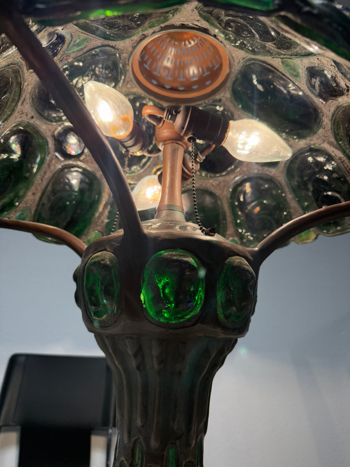 Vintage Turtle Back Tiffany Studios Style Lead Green Glass Lamp  - 22 x 35"