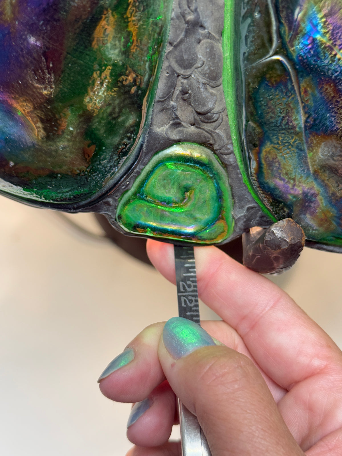 Vintage Turtle Back Tiffany Studios Style Lead Green Glass Lamp  - 22 x 35"
