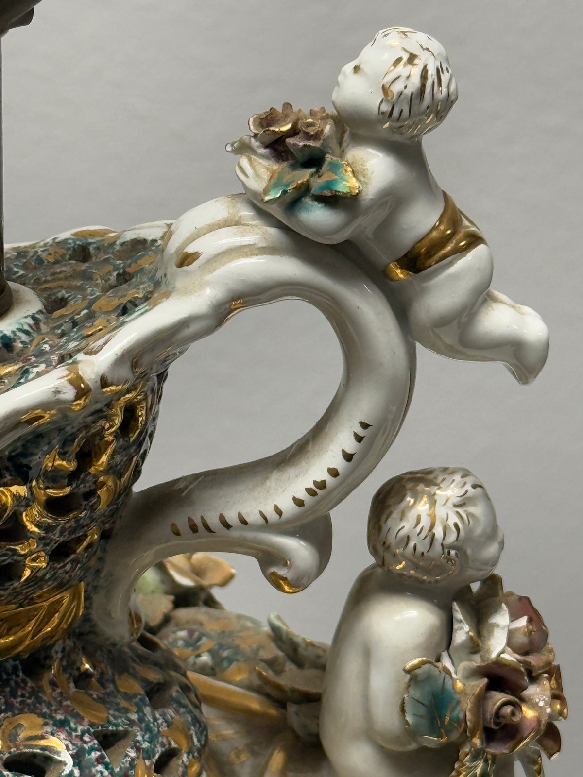 Vintage Capodimonte Italian Marble Porcelain Floral Gilt Lamp  - 21 x 7"
