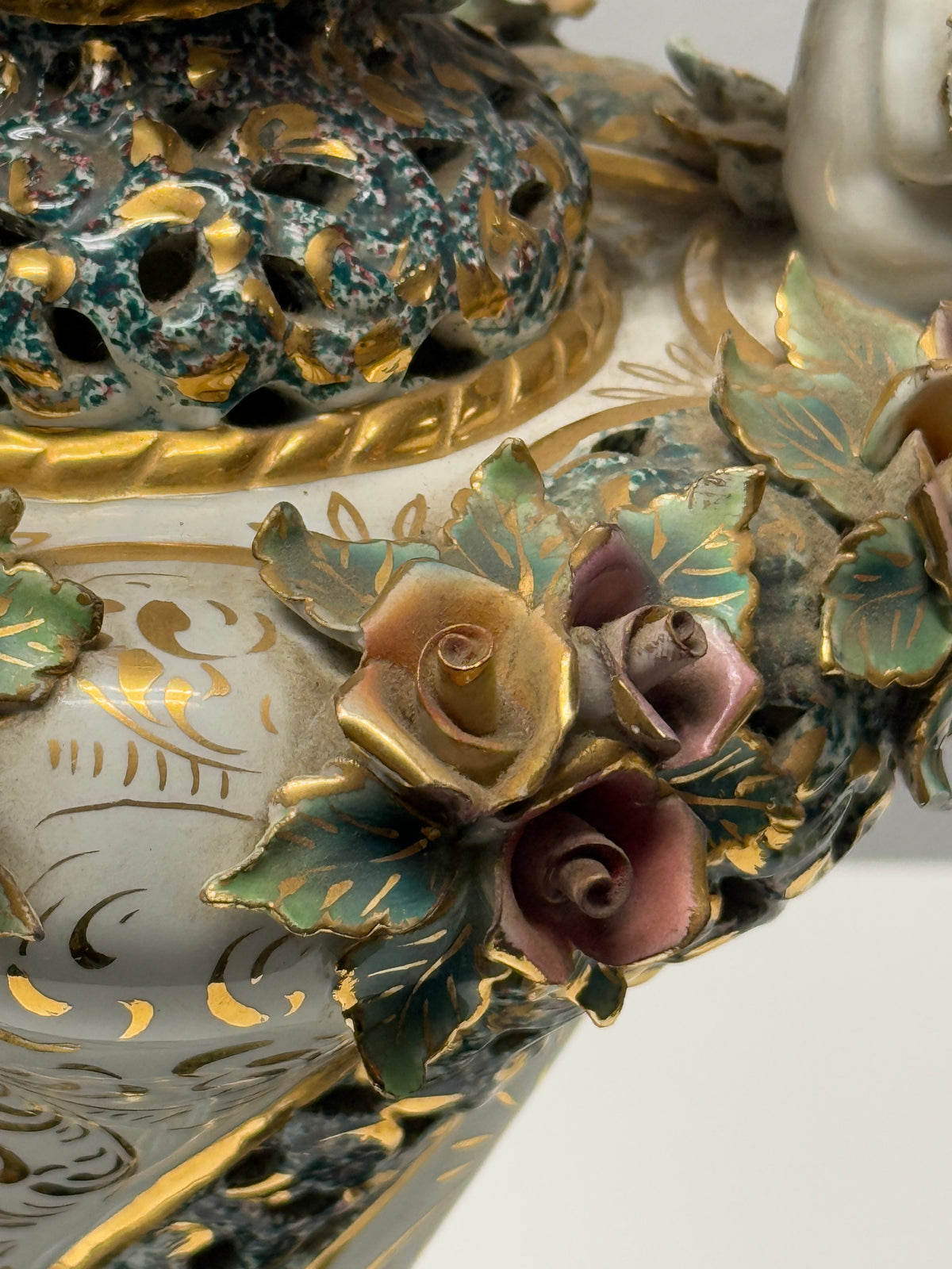 Vintage Capodimonte Italian Marble Porcelain Floral Gilt Lamp  - 21 x 7"