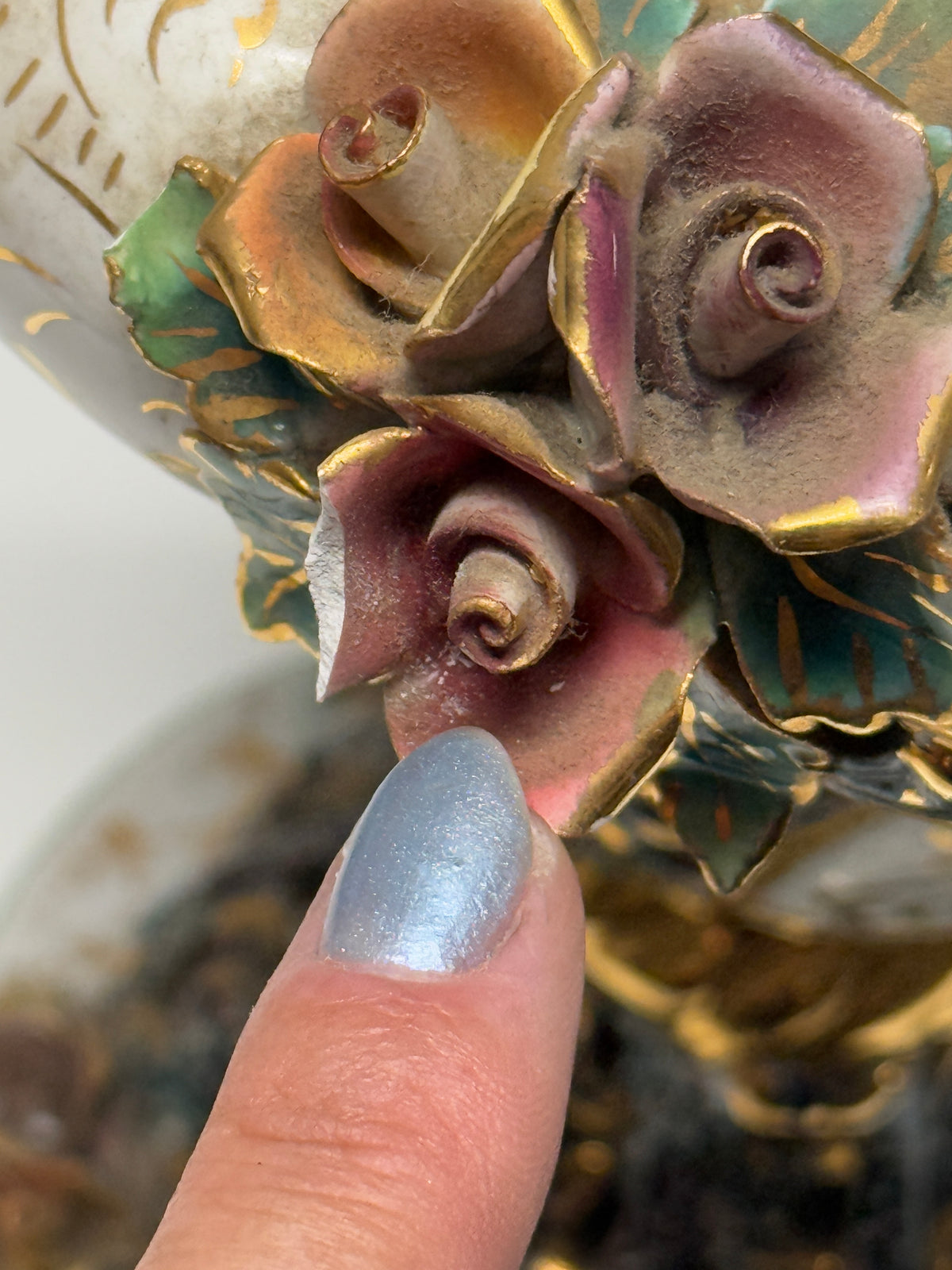 Vintage Capodimonte Italian Marble Porcelain Floral Gilt Lamp  - 21 x 7"
