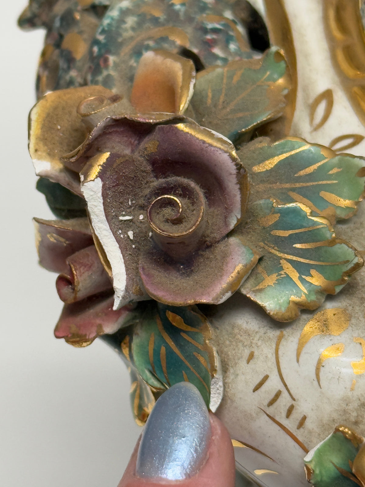 Vintage Capodimonte Italian Marble Porcelain Floral Gilt Lamp  - 21 x 7"