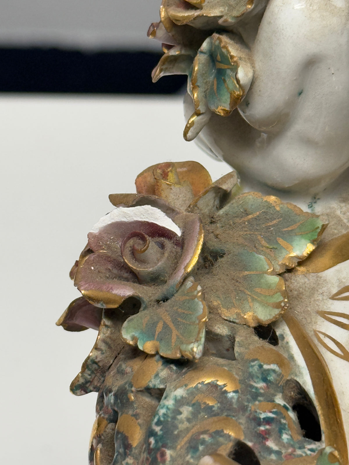 Vintage Capodimonte Italian Marble Porcelain Floral Gilt Lamp  - 21 x 7"