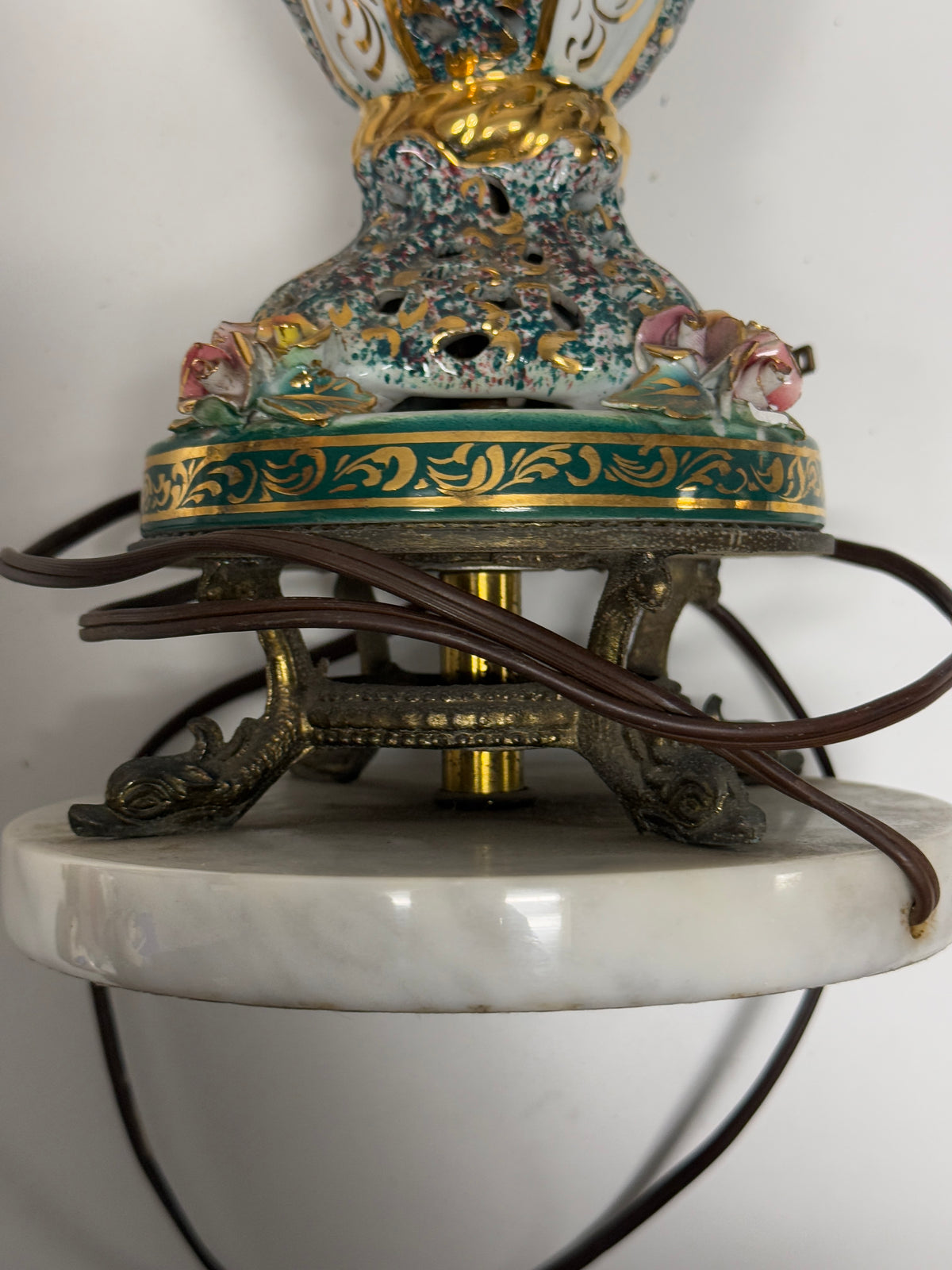 Vintage Capodimonte Italian Marble Porcelain Floral Gilt Lamp  - 21 x 7"