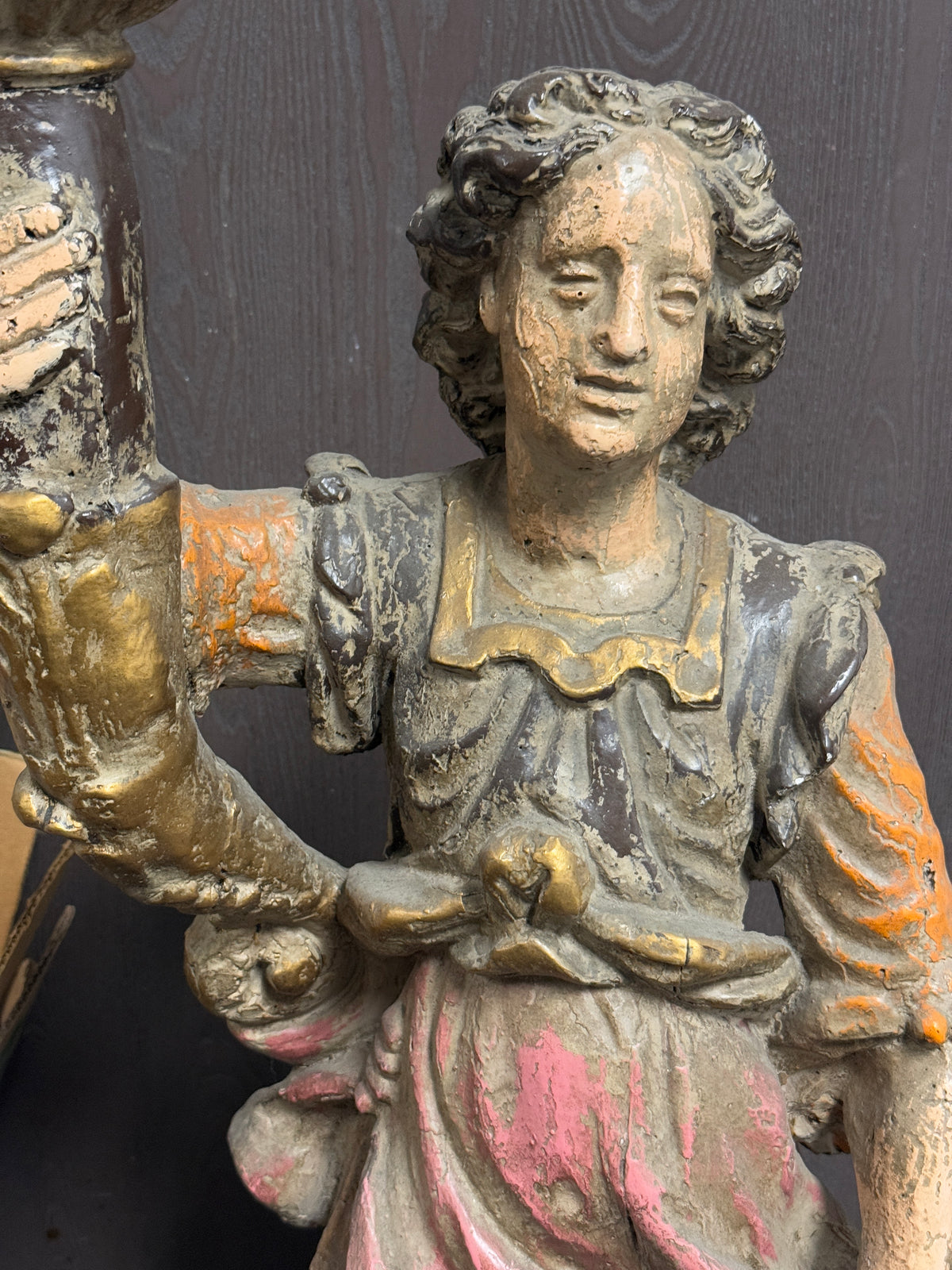 Antique Italian Polychrome Painted Figural Torchère Floor Lamp  - 59" x 8"
