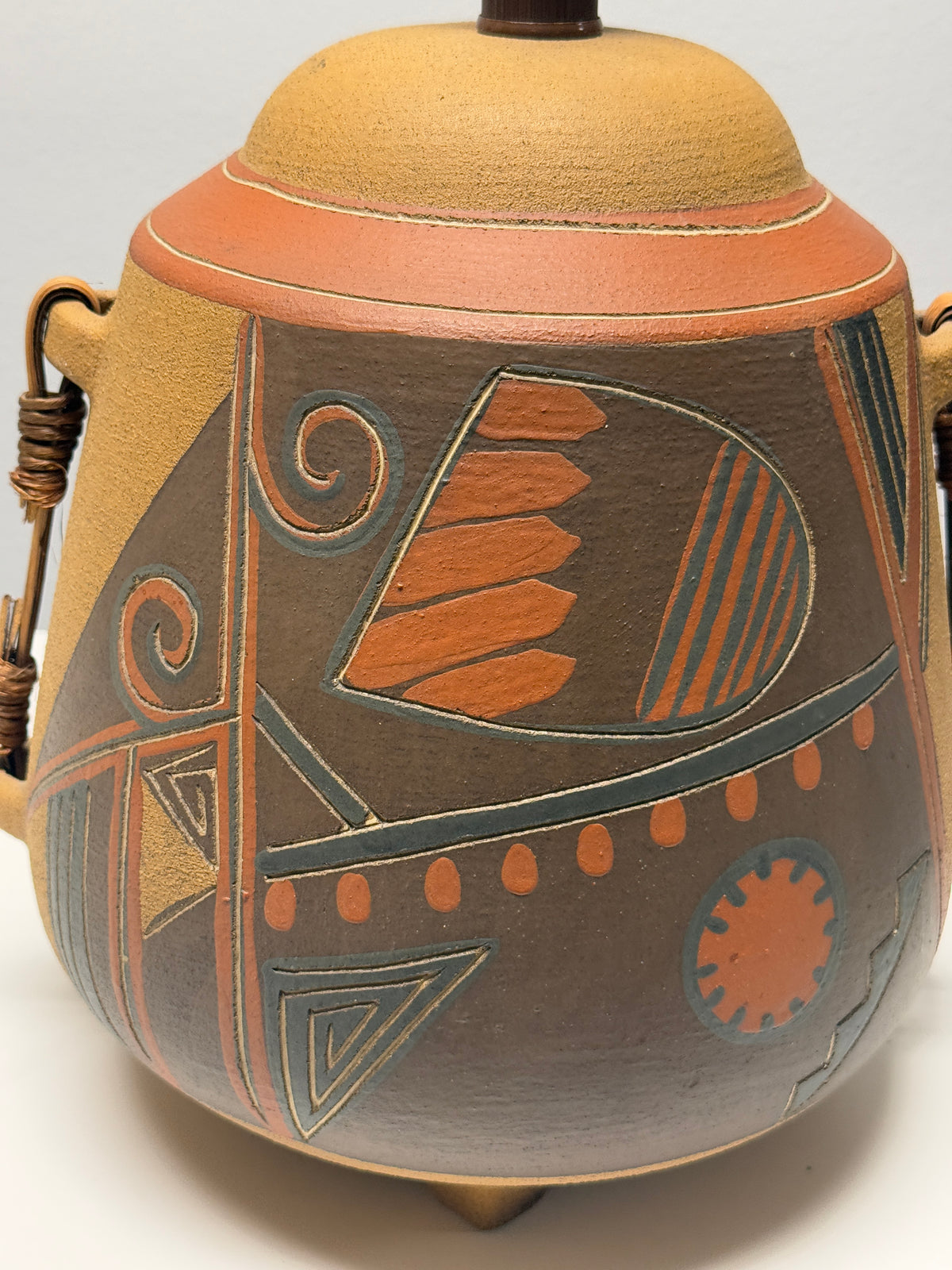 Vintage Southwest Ceramic Copper Geometric Painted Table Lamp  - 25" x 11"