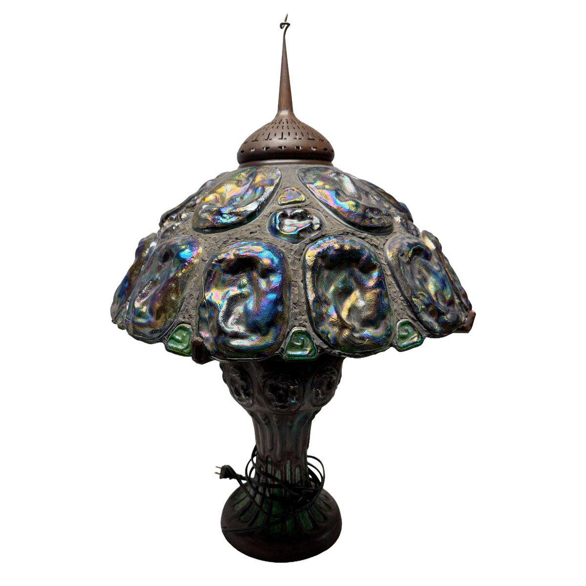 Vintage Turtle Back Tiffany Studios Style Lead Green Glass Lamp  - 22 x 35"