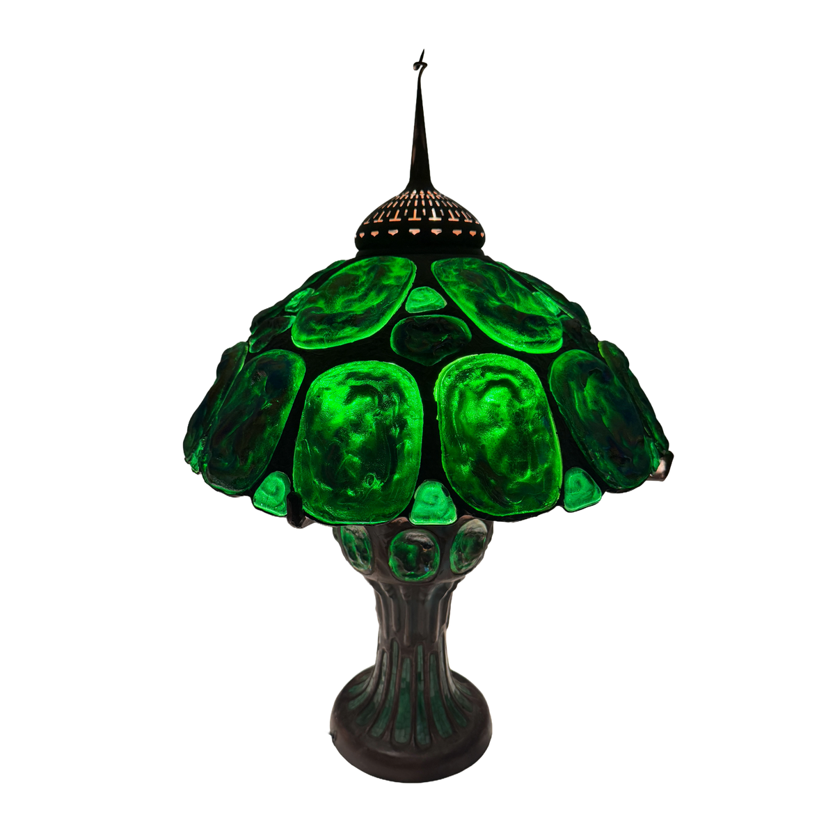 Vintage Turtle Back Tiffany Studios Style Lead Green Glass Lamp  - 22 x 35"