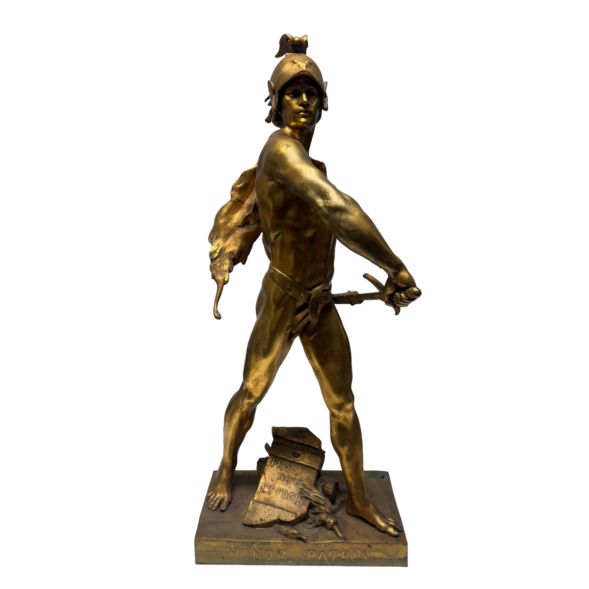 Honor Patria Pro Aris et Focis French Gilt Warrior Statue After Émile-Louis Picault - 24"