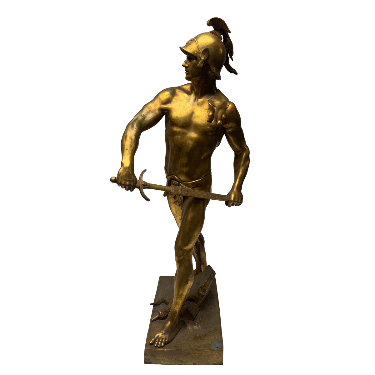 Honor Patria Pro Aris et Focis French Gilt Warrior Statue After Émile-Louis Picault - 24"
