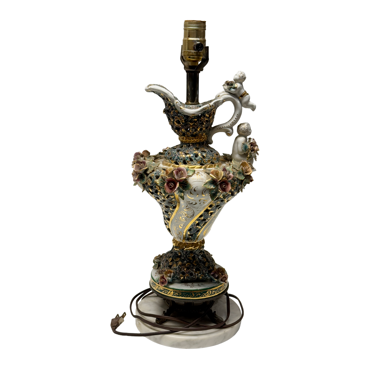 Vintage Capodimonte Italian Marble Porcelain Floral Gilt Lamp  - 21 x 7"