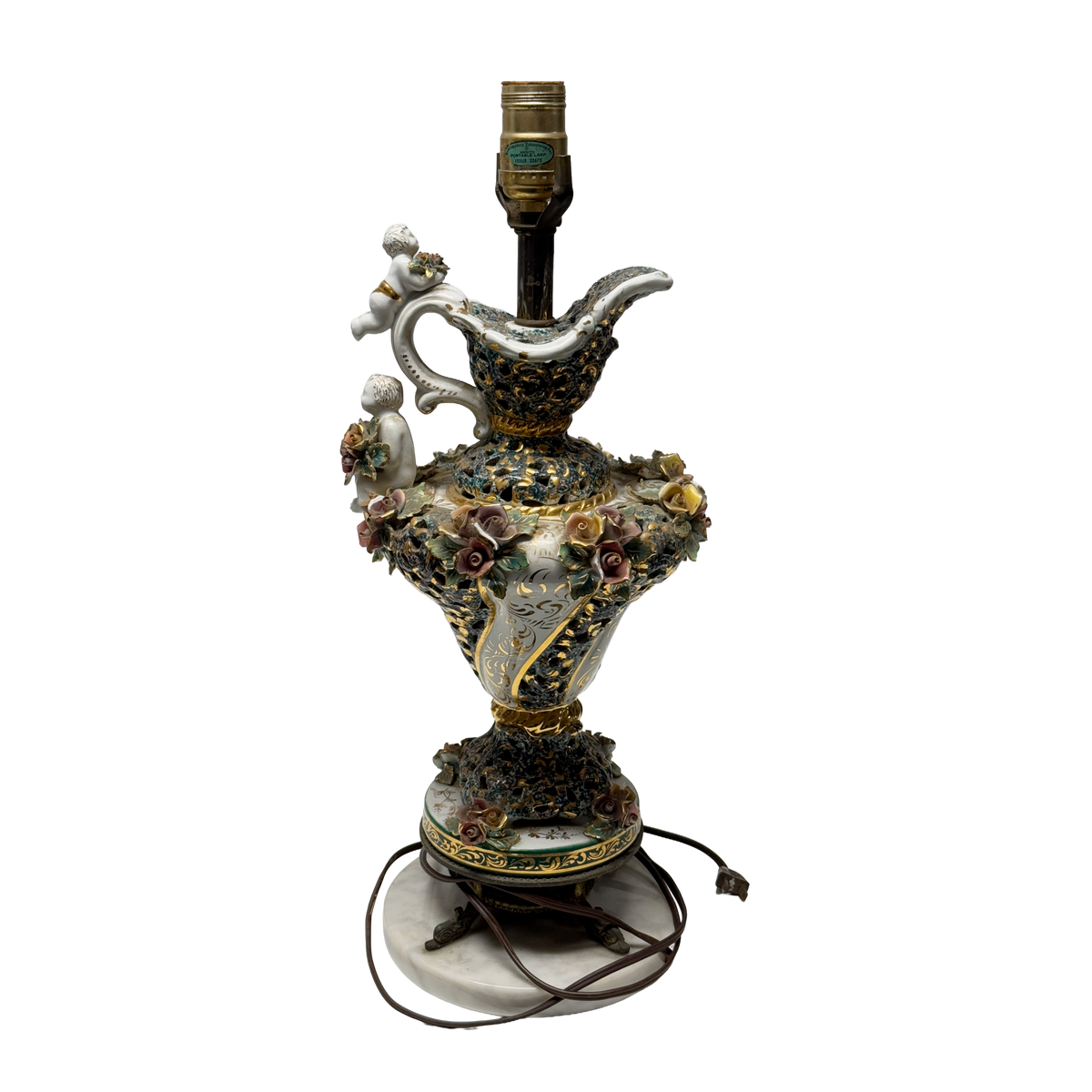 Vintage Capodimonte Italian Marble Porcelain Floral Gilt Lamp  - 21 x 7"