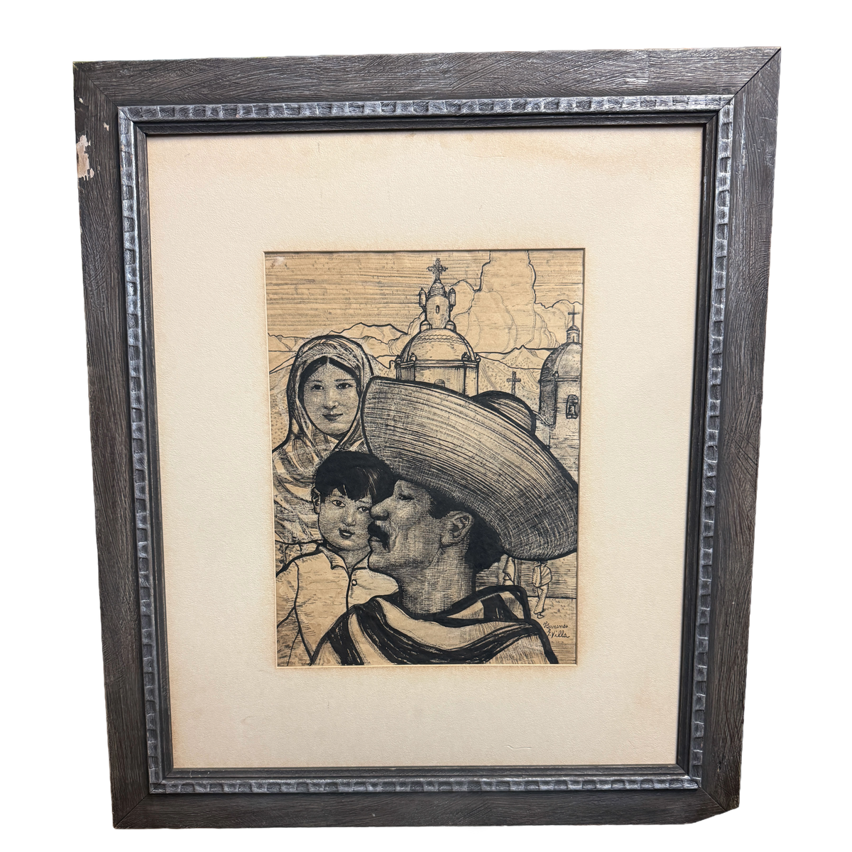 Mexican Family - Hernando G Villa Southwest Artist Ink Black & White Print - 24.5 x 28.5"