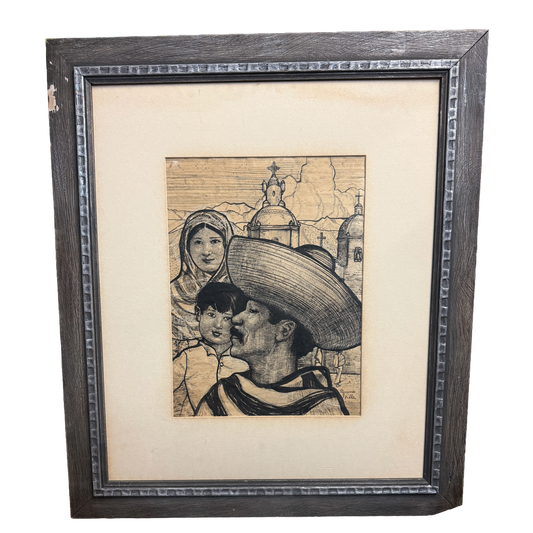 Mexican Family - Hernando G Villa Southwest Artist Ink Black & White Print - 24.5 x 28.5"