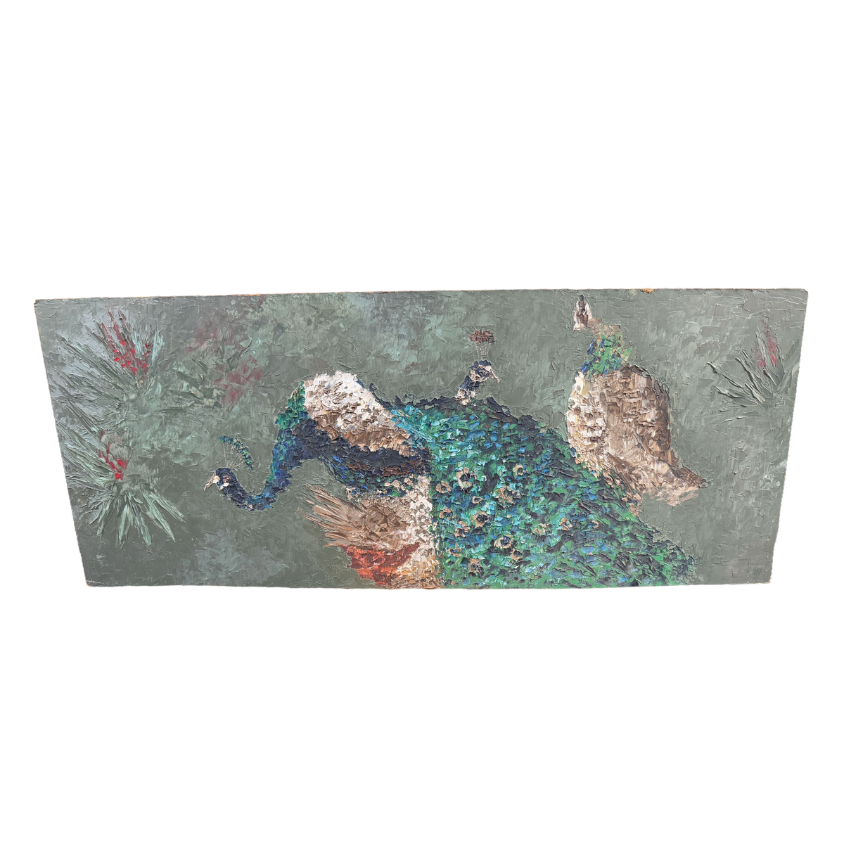 1972 California "Peacocks" Expressionist Original Oil Painting - George Keahey - 24 x 60"