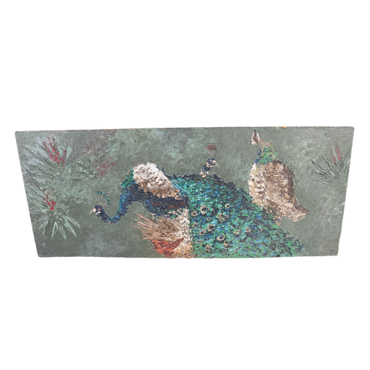 1972 California "Peacocks" Expressionist Original Oil Painting - George Keahey - 24 x 60"