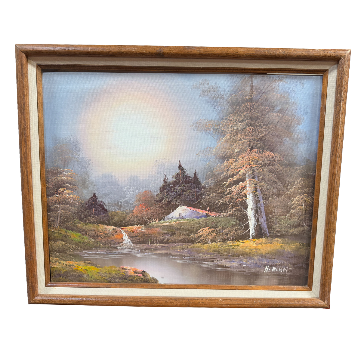 Vintage Landscape Tree Stream Original Oil Painting - H Wilson - 18 x 22"